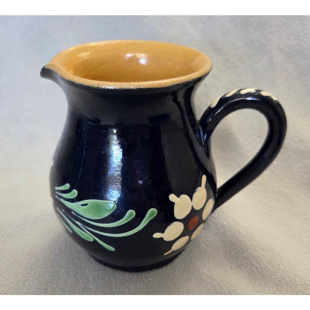 Vintage French Dark Blue Pottery Milk Pitcher Floral Vase Blue White